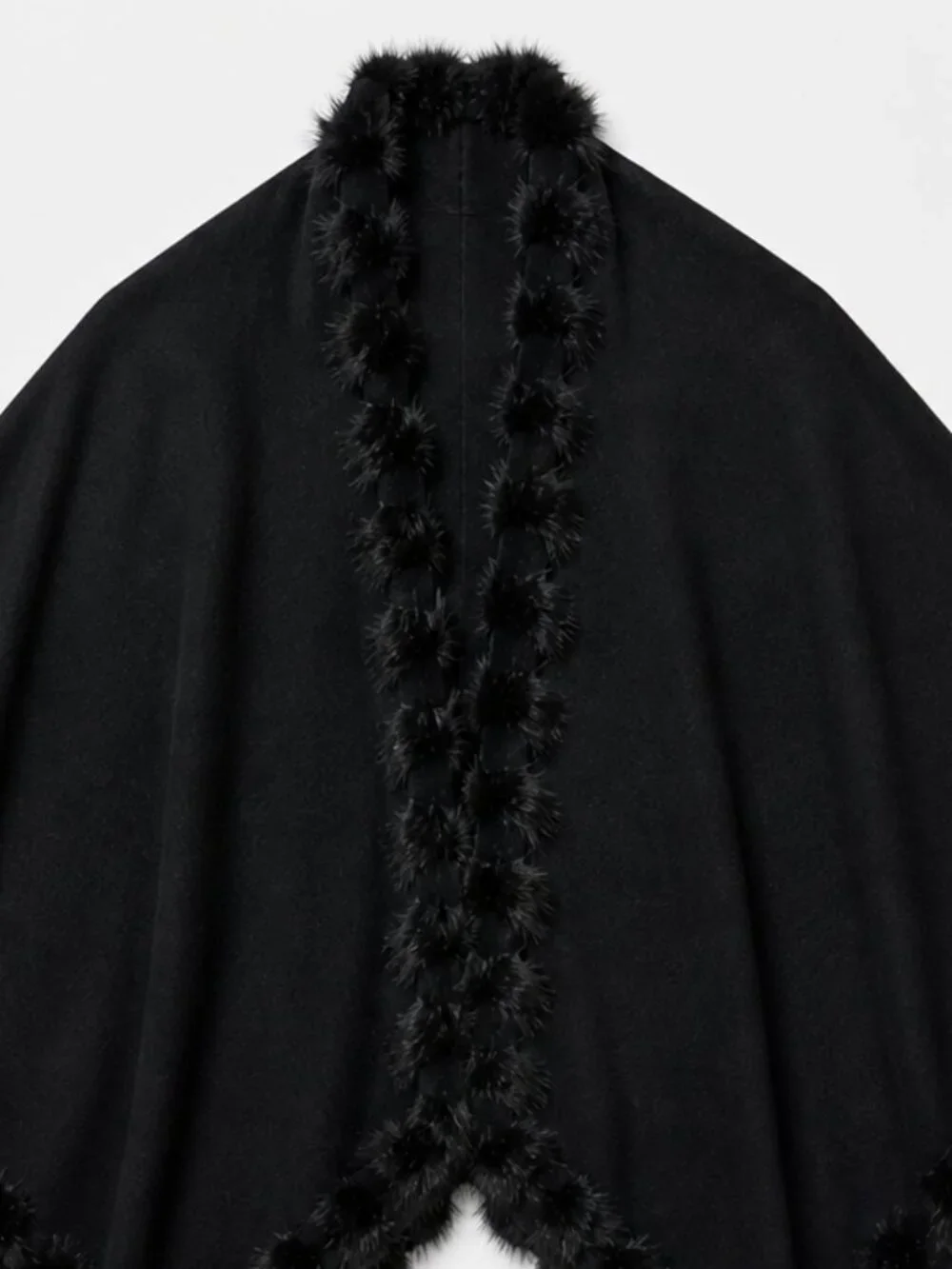 Chico's Black Faux Fur Trim Cashmere Blend Cocoon Wrap Pom Pom EUC OS